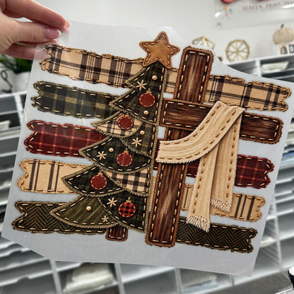 patchwork cross christmas tree clear film screen print