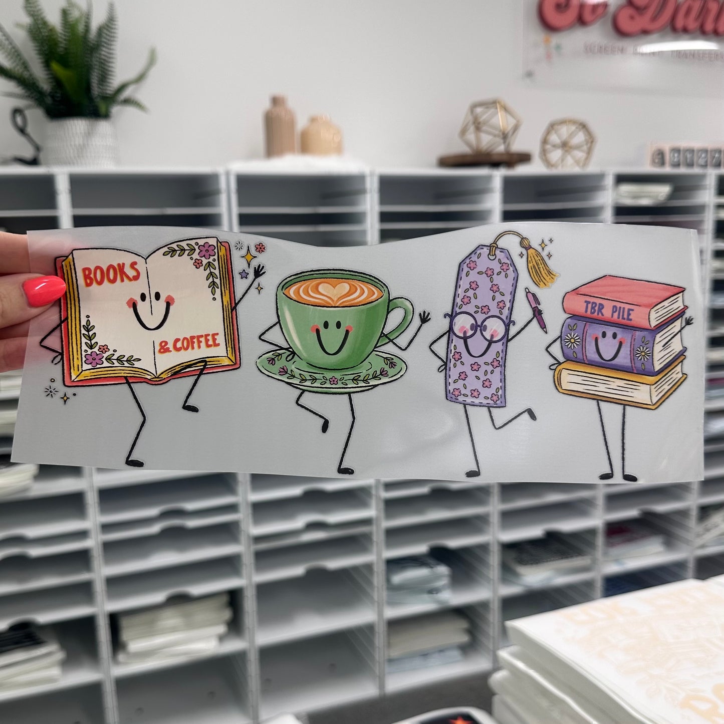 books & coffee happy doodles clear film screen print