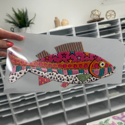 faux embrioidered  fish clear film screen print•