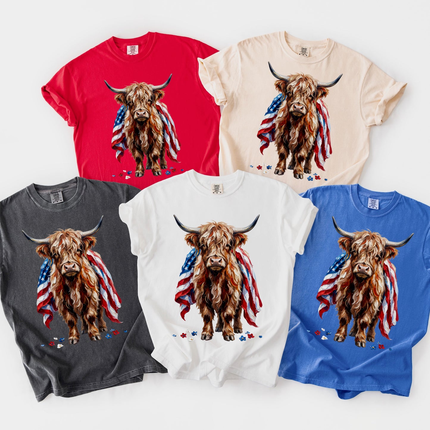 american flag highland cow clear film screen print