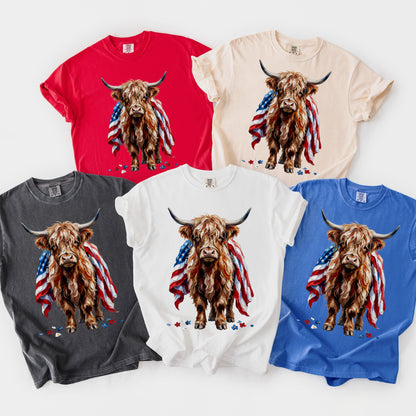 american flag highland cow clear film screen print