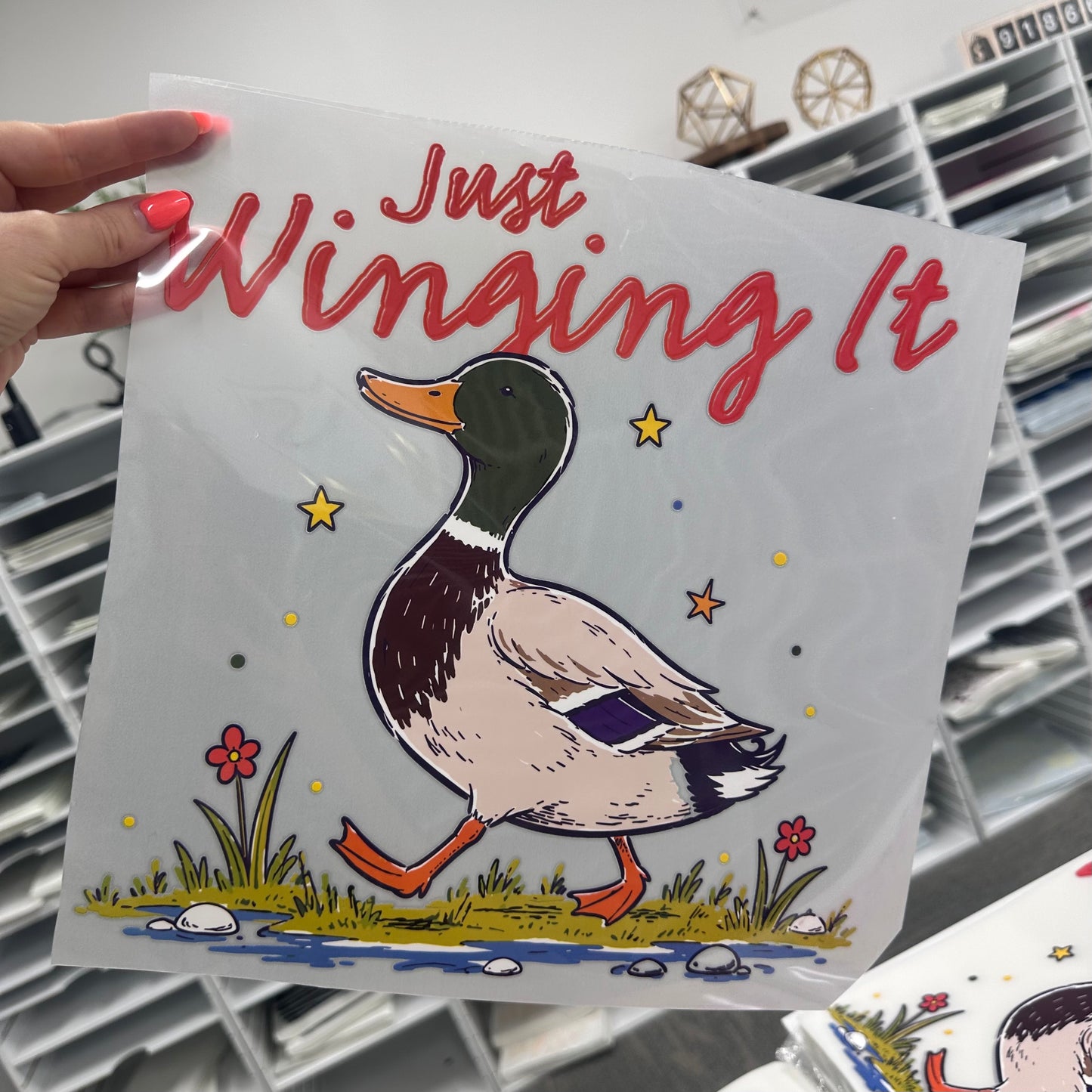 just winging it duck clear film screen print