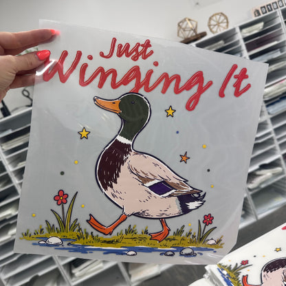 just winging it duck clear film screen print