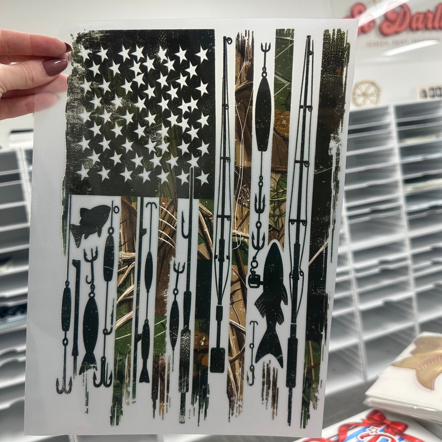 fishing camo flag clear film screen print