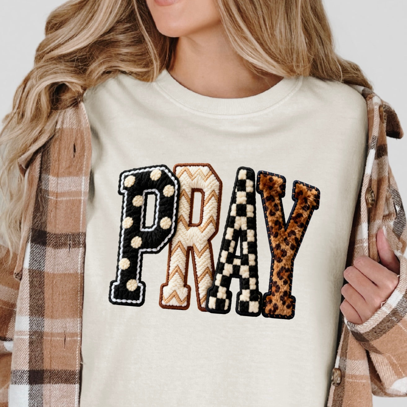 Pray faux yarn clear film screen print