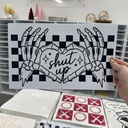 shut up skellie heart hands screen print transfer