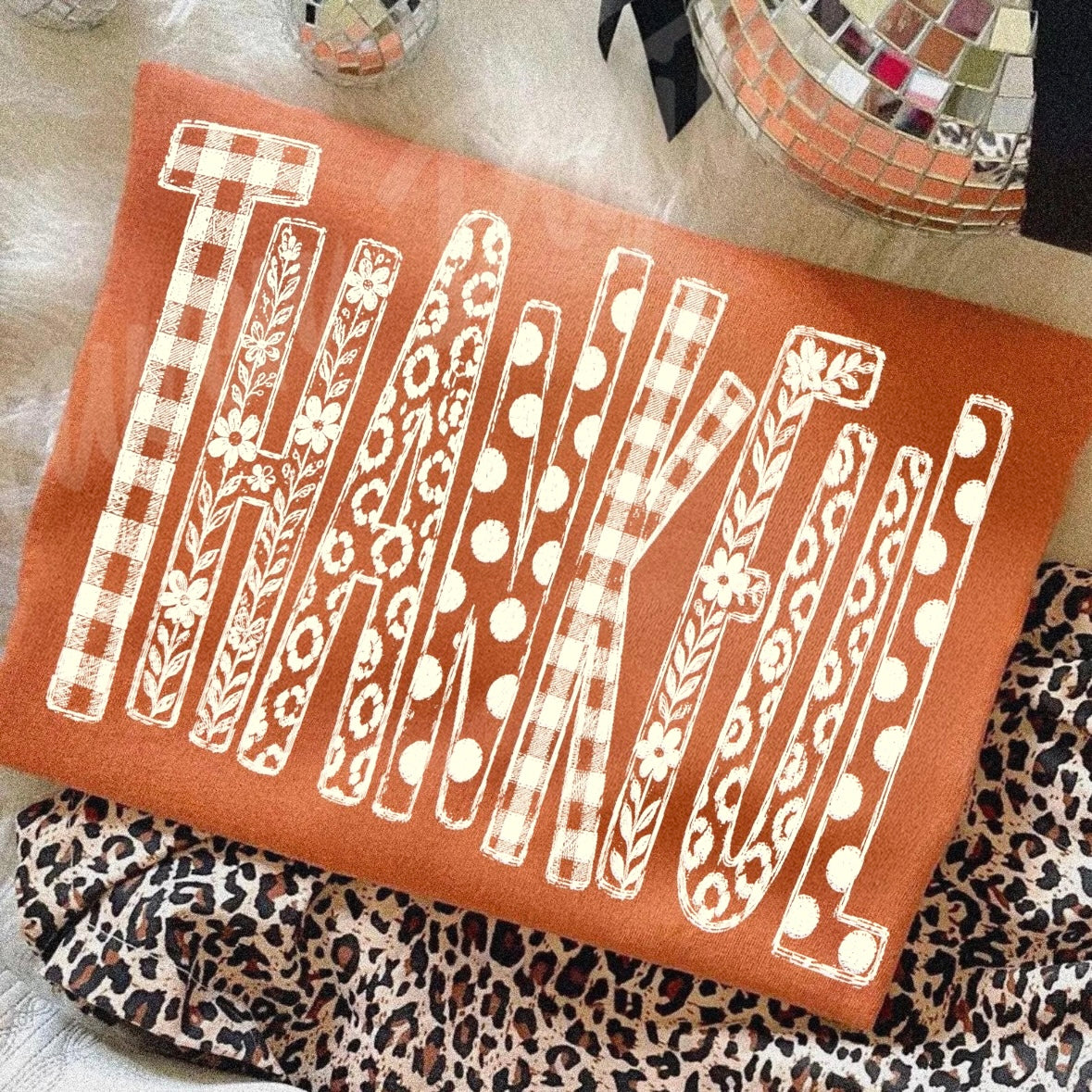 thankful mixed pattern screen print transfer•