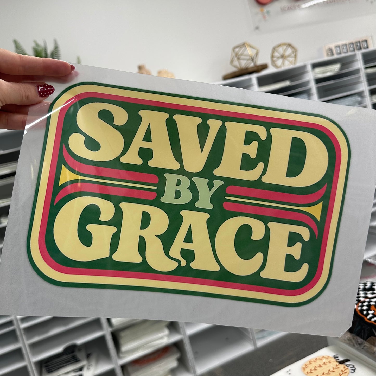 saved by grace clear film screen print