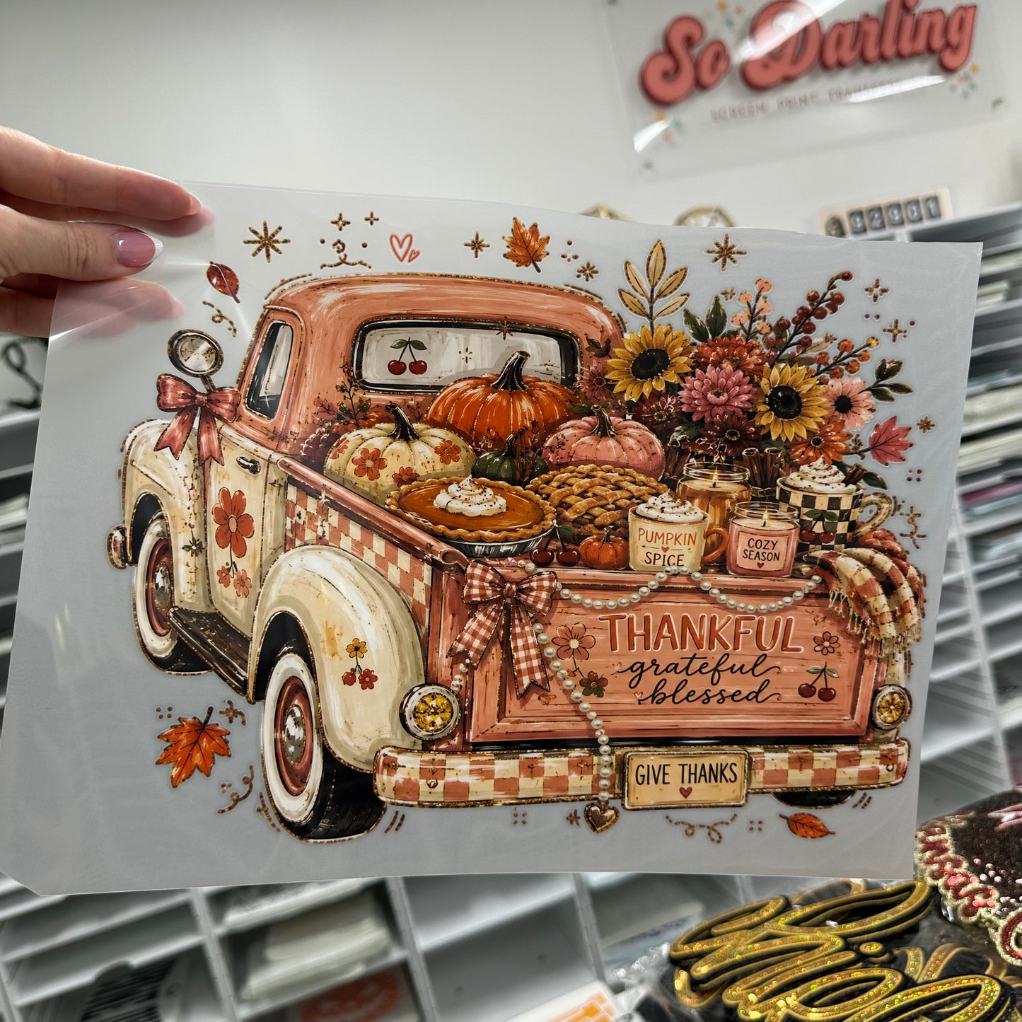 thankful autumn truck clear film screen print