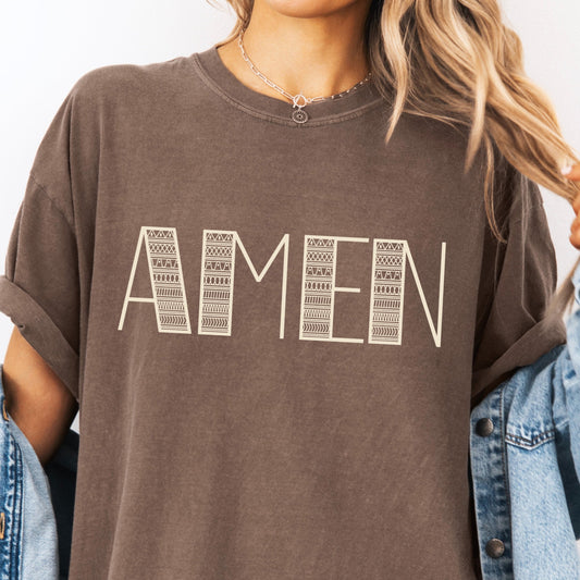 AMEN beige ink screen print transfer