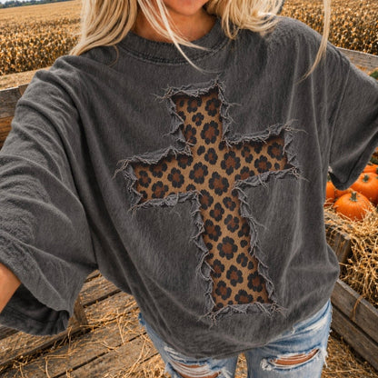leopard cross ripped clear film screen print