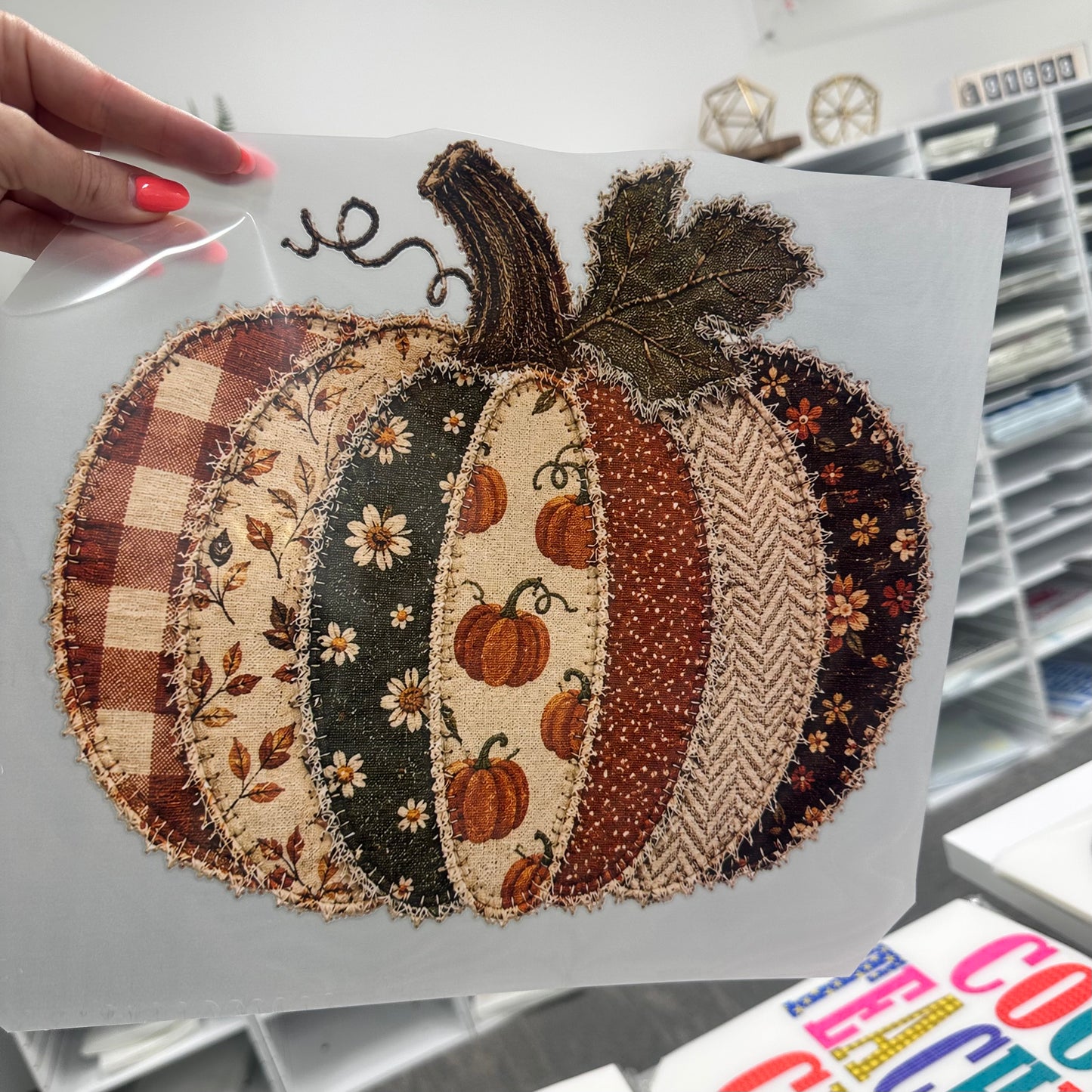 patchwork burlap pumpkin clear film screen print