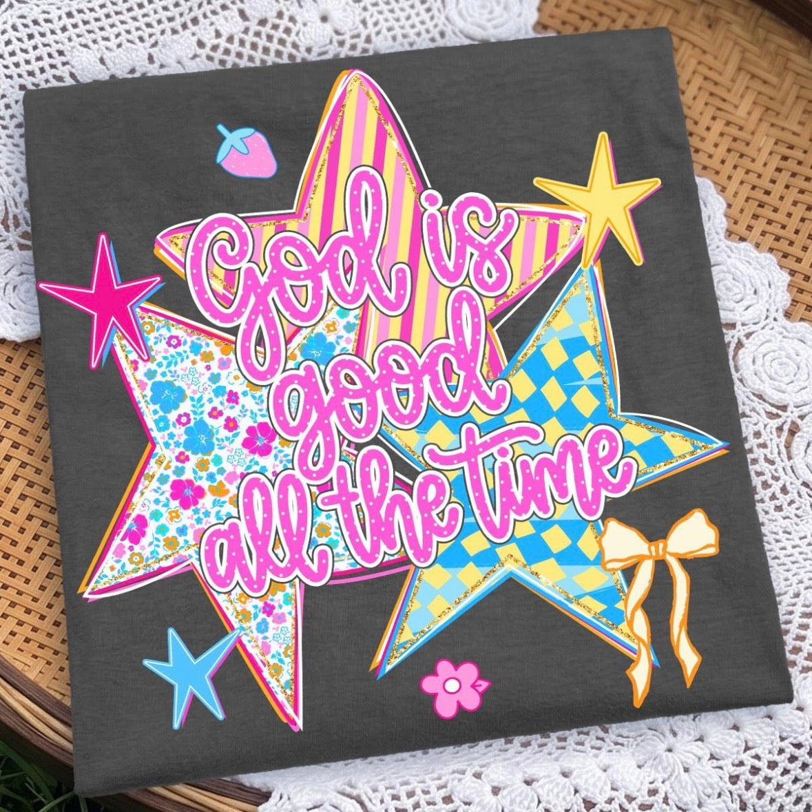 Stars God is good all the time clear film screen print