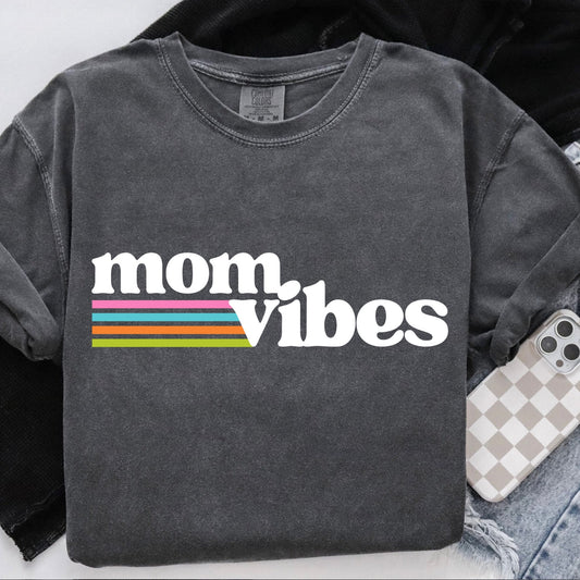 Gray sweatshirt with 'mom vibes' text and colorful stripes on a white background