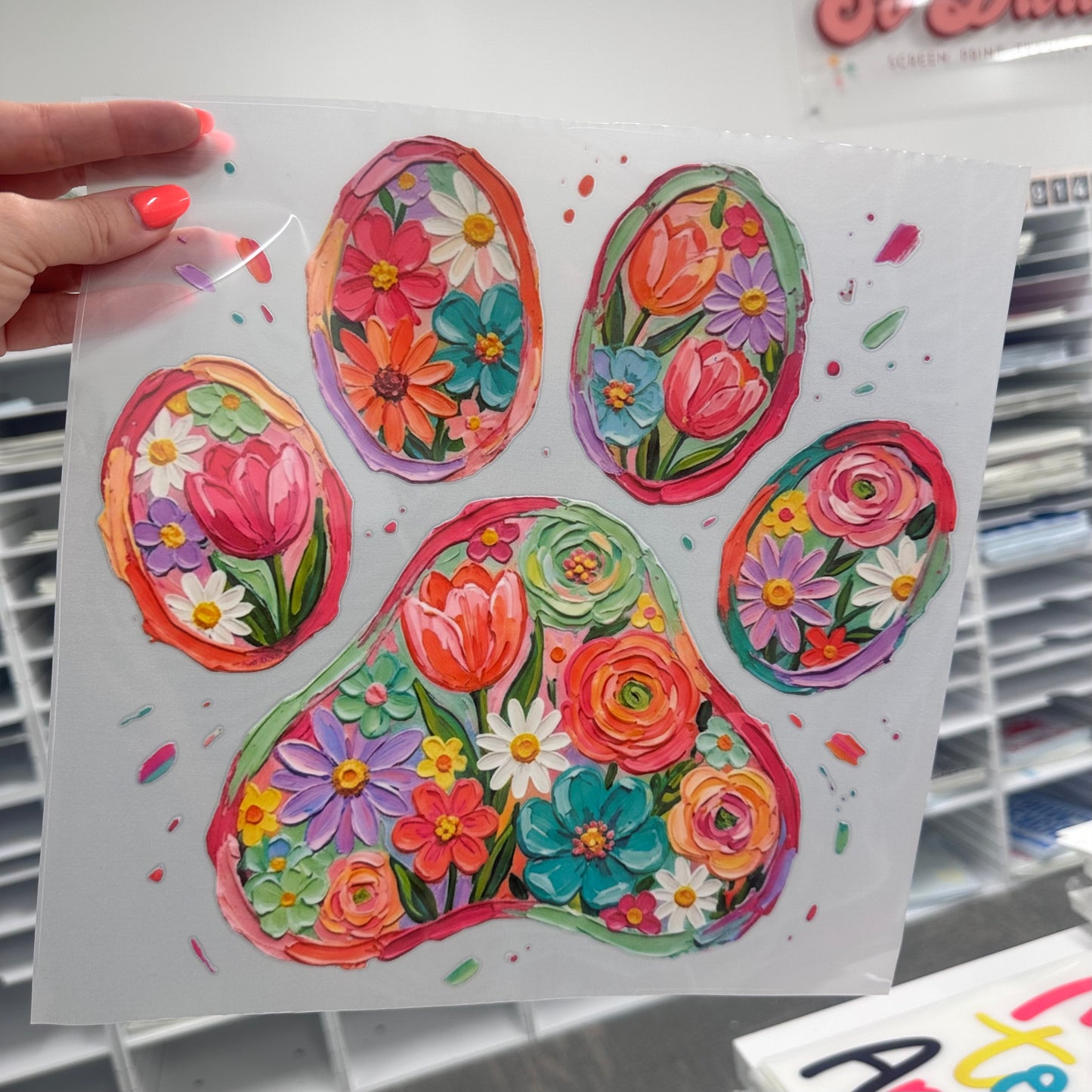 floral paw print clear film screen print