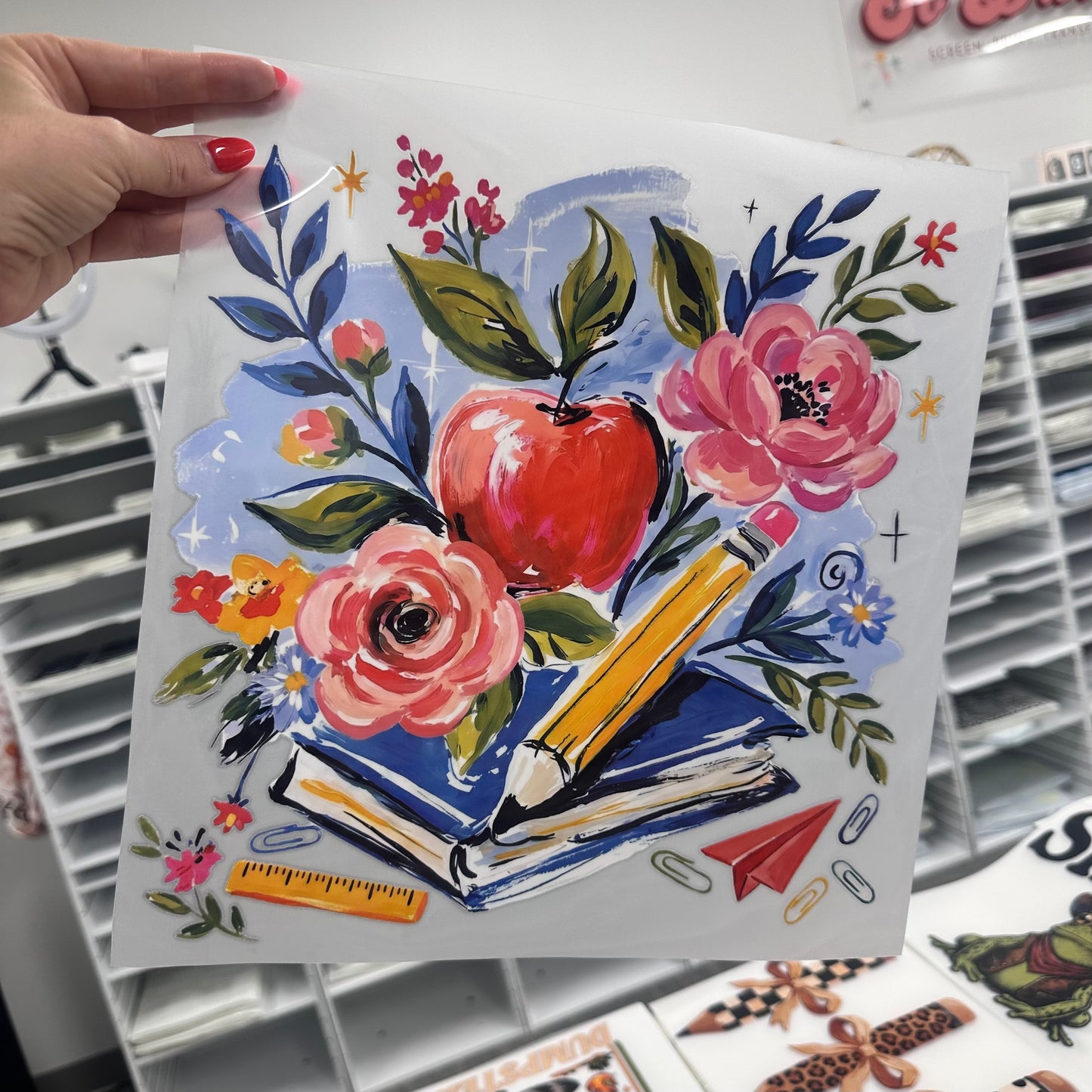 floral back to school apple clear film screen print