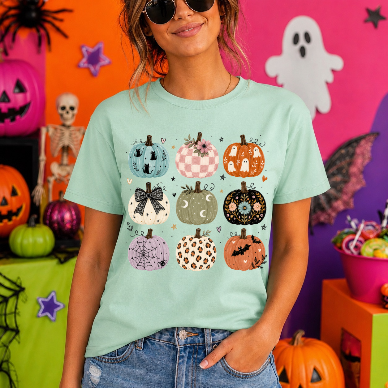 colorful pumpkin collage clear film screen print