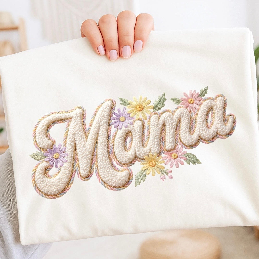 faux yarn floral MAMA clear film screen print