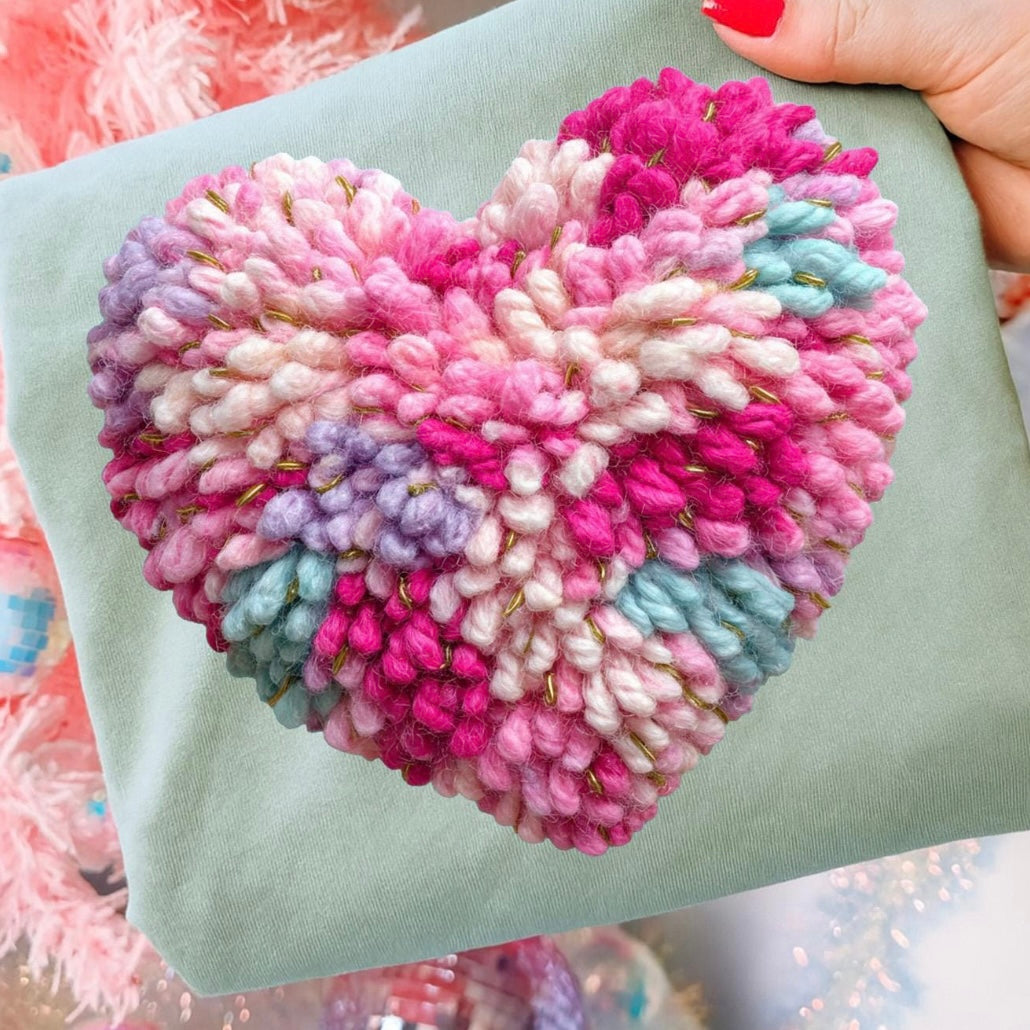 Faux yarn multi color heart clear film screen print