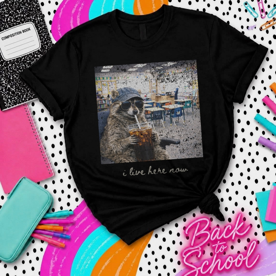 I live here now classroom raccoon clear film screen print