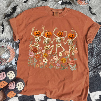 dancing skeletons fall floral clear film screen print