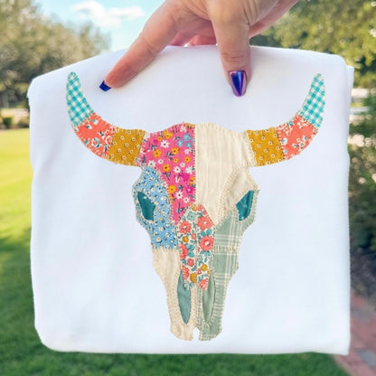 patchwork bull skull clear film screen print