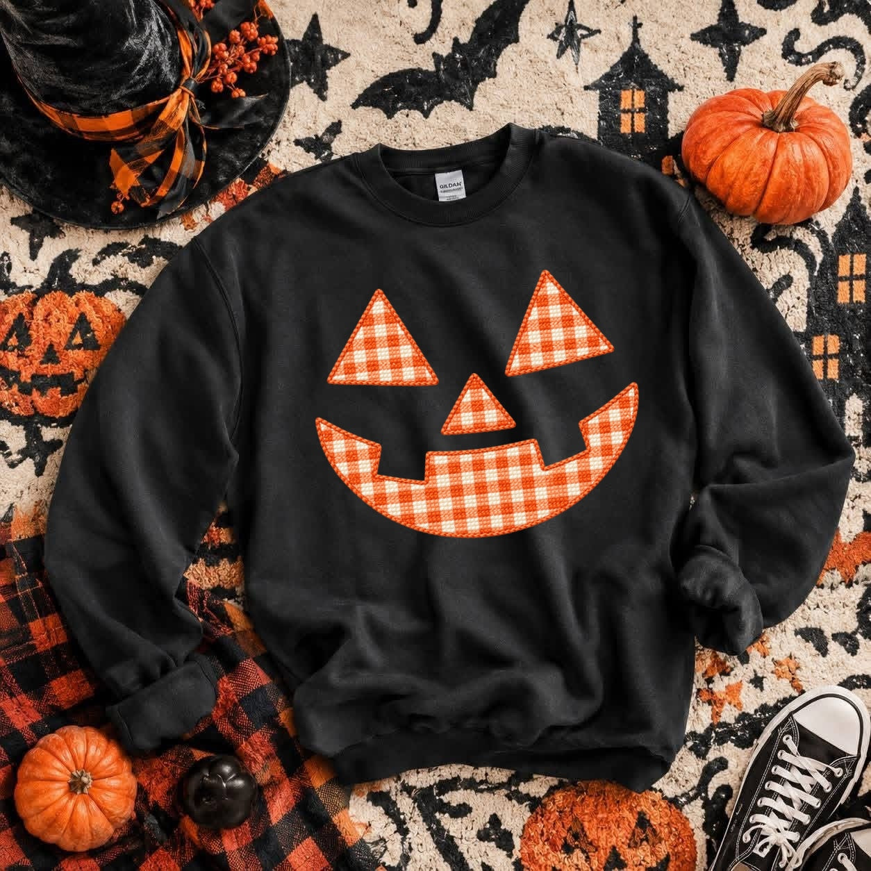 faux stitched pumpkin face clear film screen print