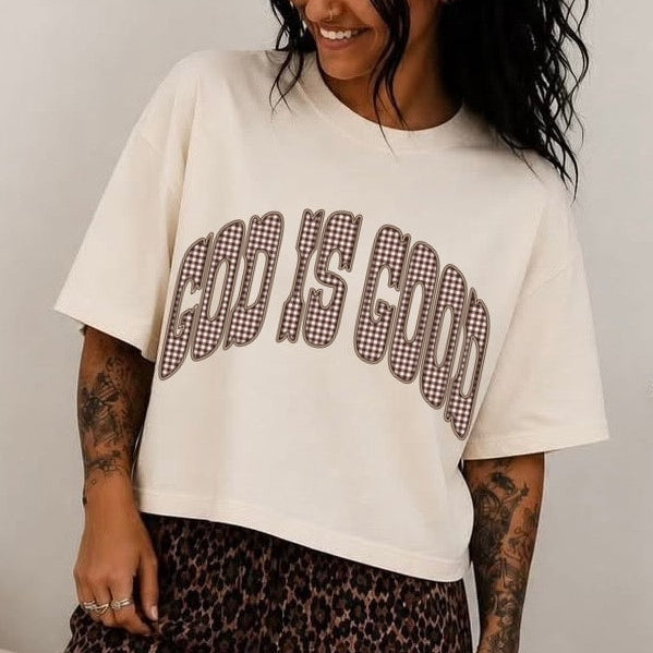 God is good gingham clear film screen print