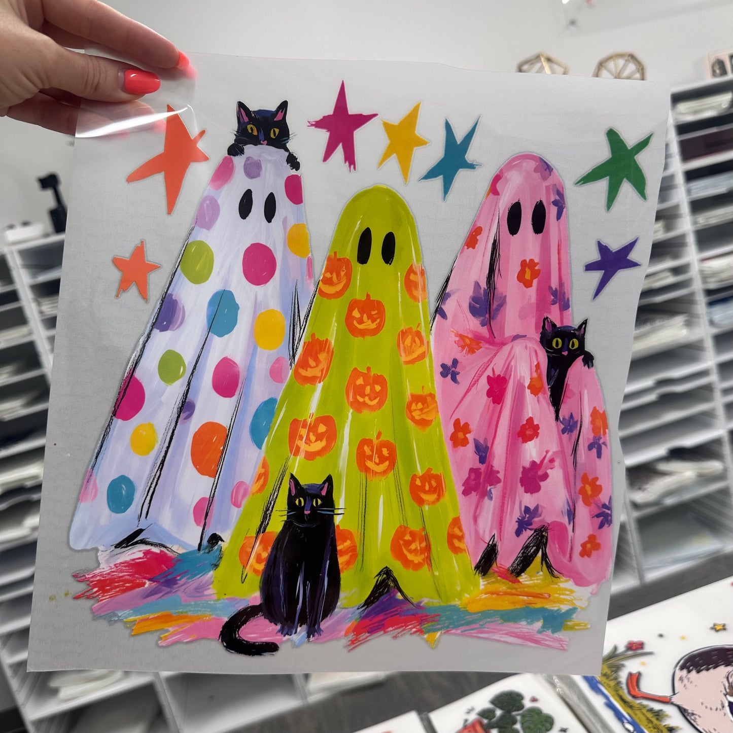 black cats & ghosts clear film screen print