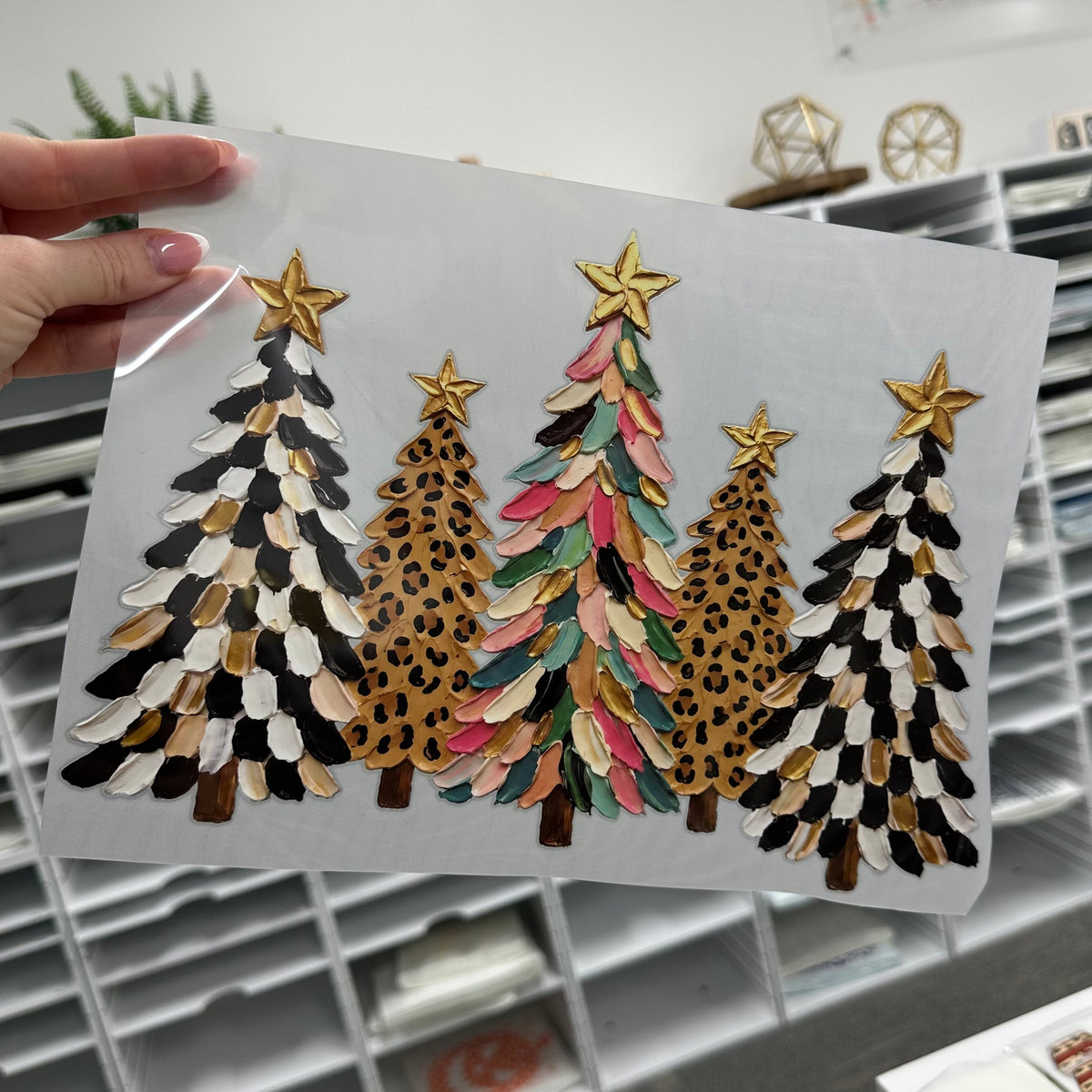 mixed pattern christmas trees clear film screen print