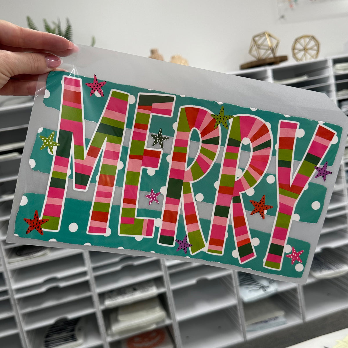 whimsy MERRY clear film screen print