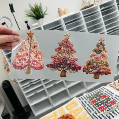 pink christmas trees faux yarn clear film screen print
