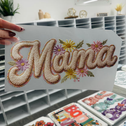 faux yarn floral MAMA clear film screen print