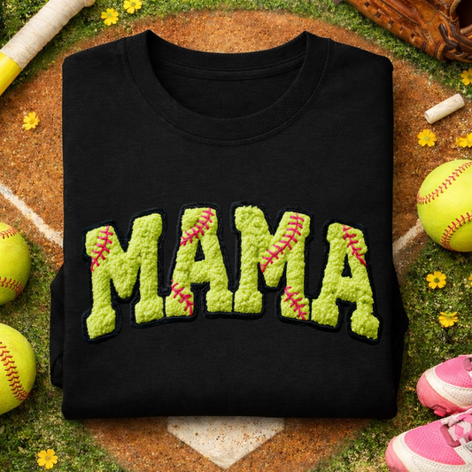 Black sweatshirt with 'MAMA' in colorful letters on a baseball field background.