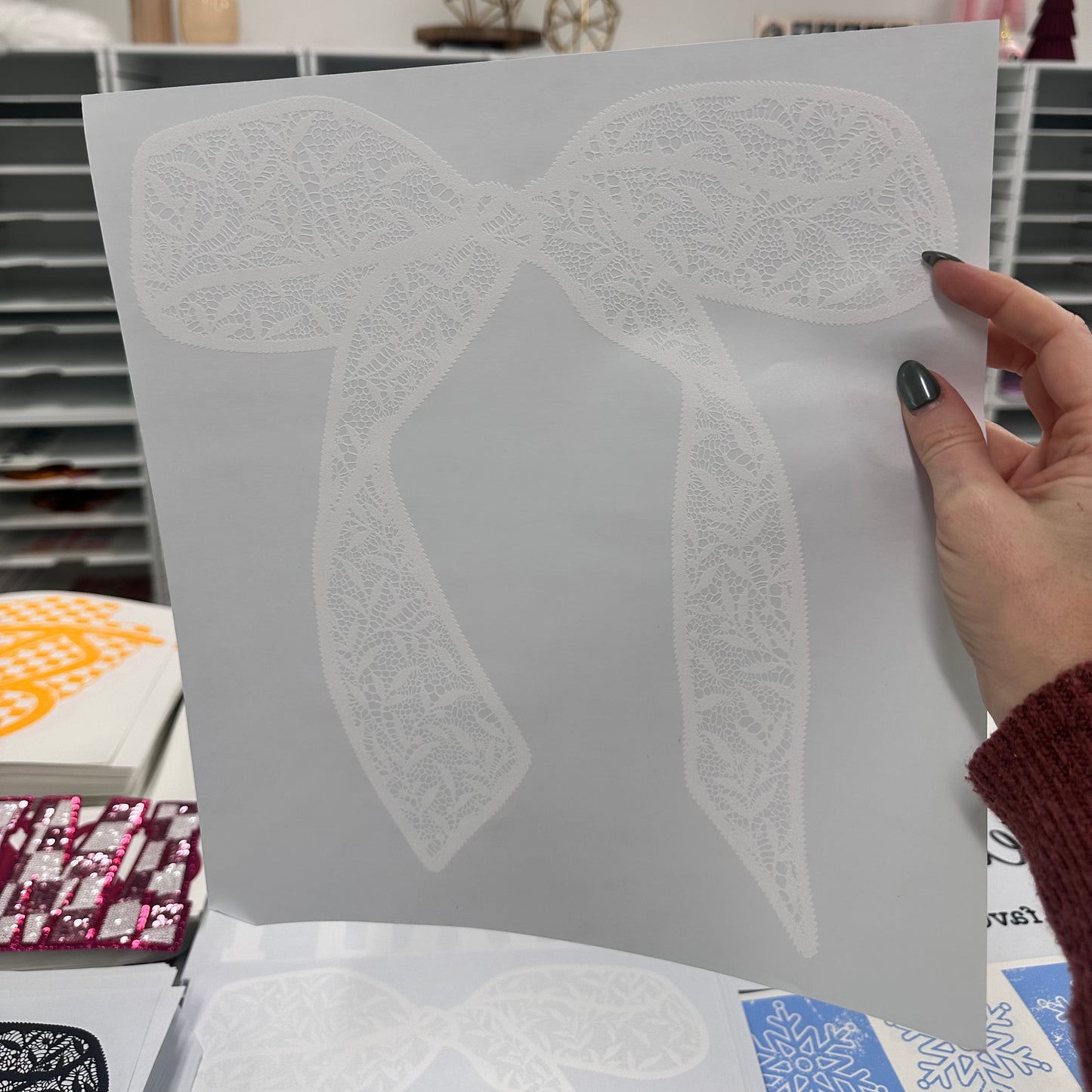 WHITE lace bow screen print transfer