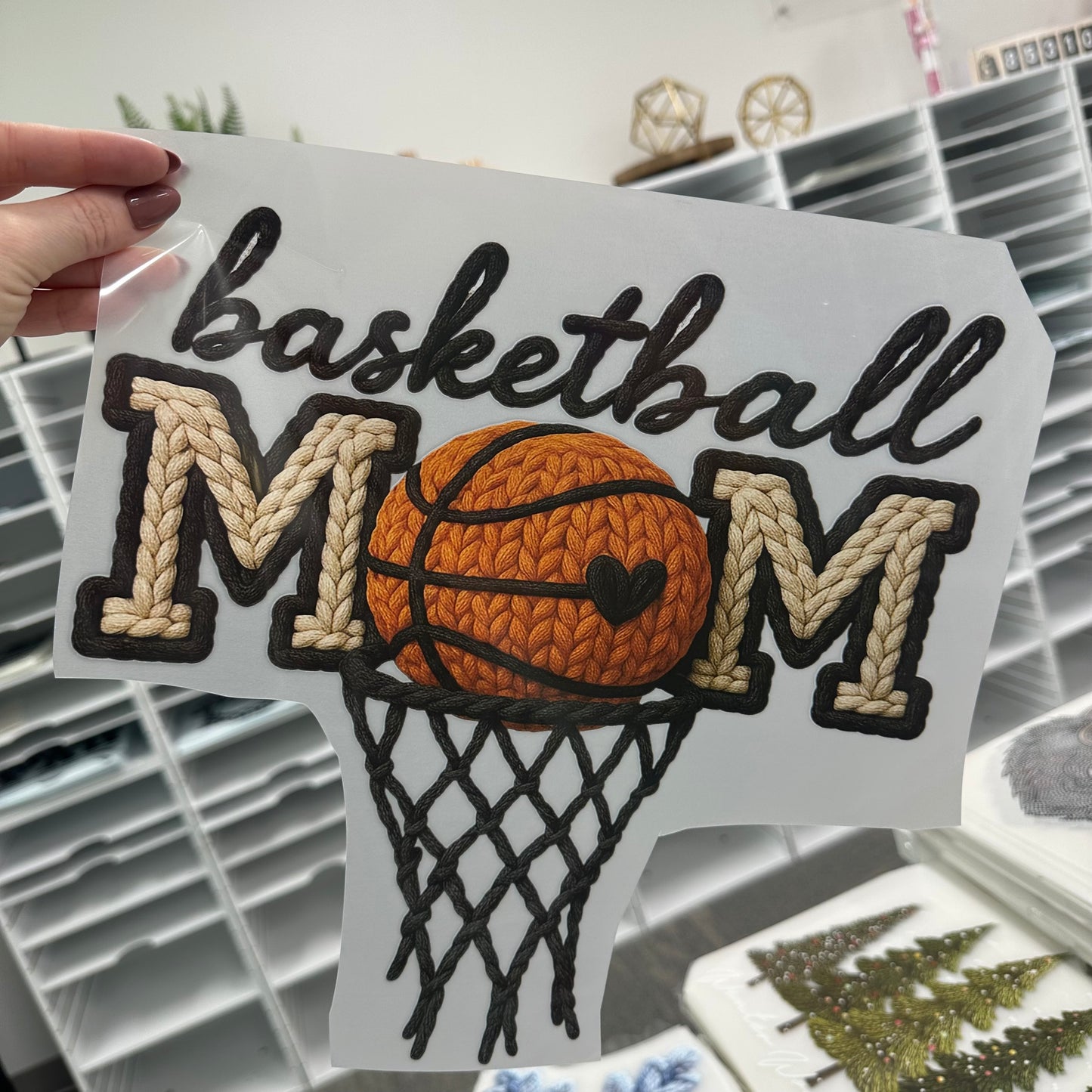 Basketball mom faux yarn clear film screen print