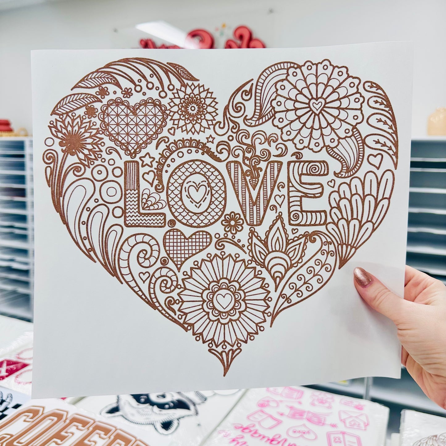 Metallic rose gold heart screen print transfer