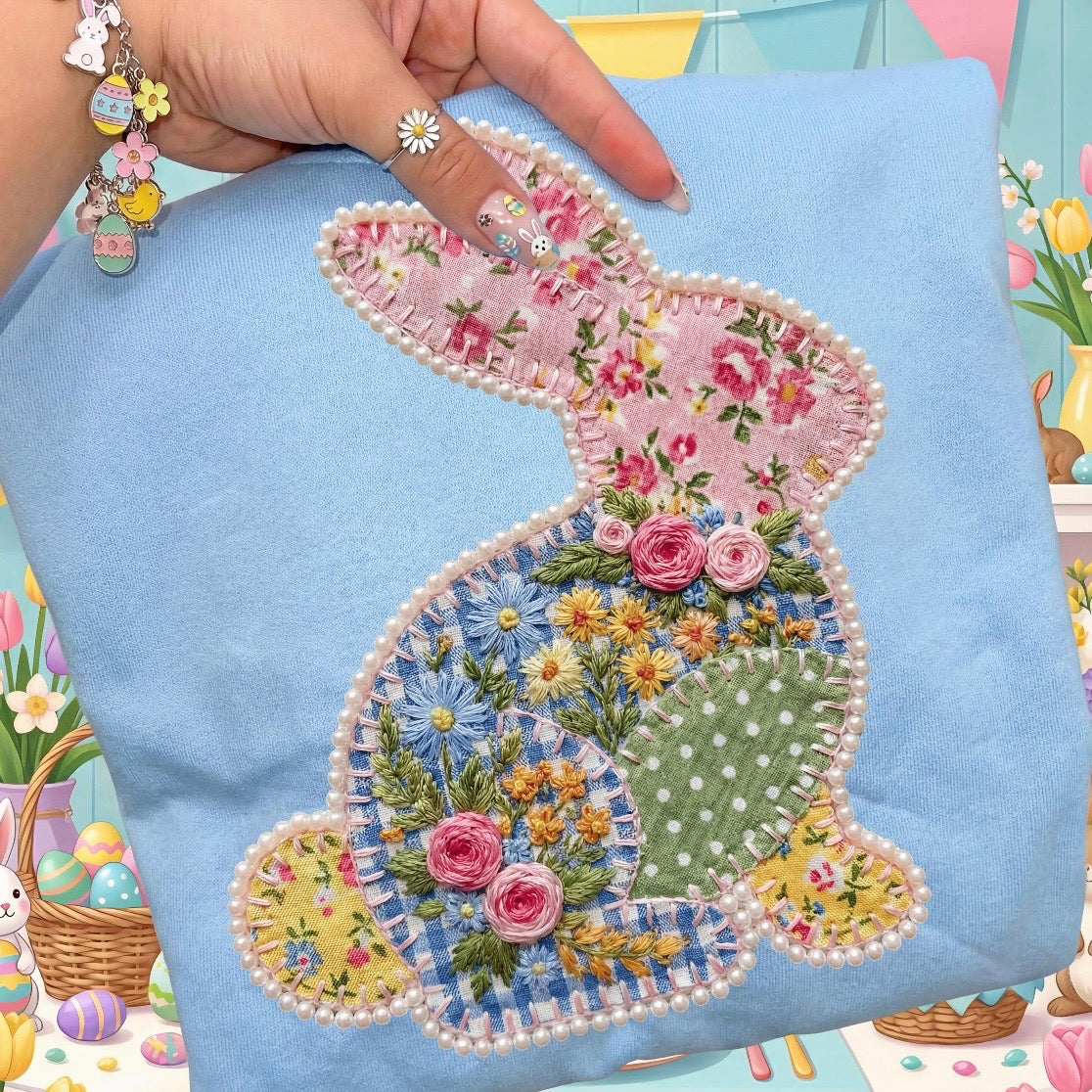 patchwork bunny clear film screen print