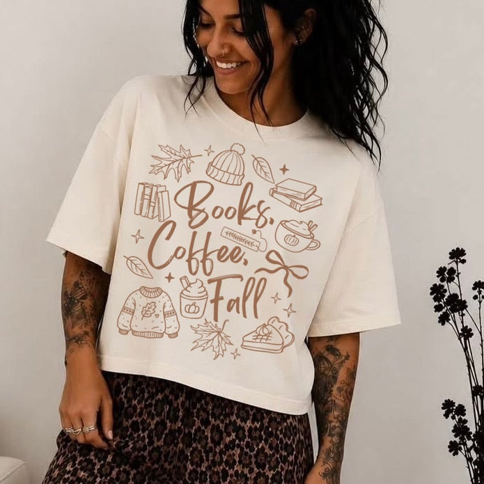 books, coffee, & fall screen print transfer•