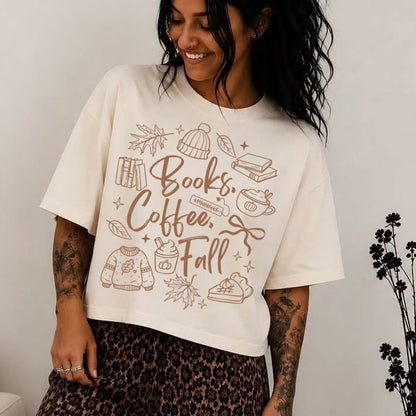 books, coffee, & fall screen print transfer•