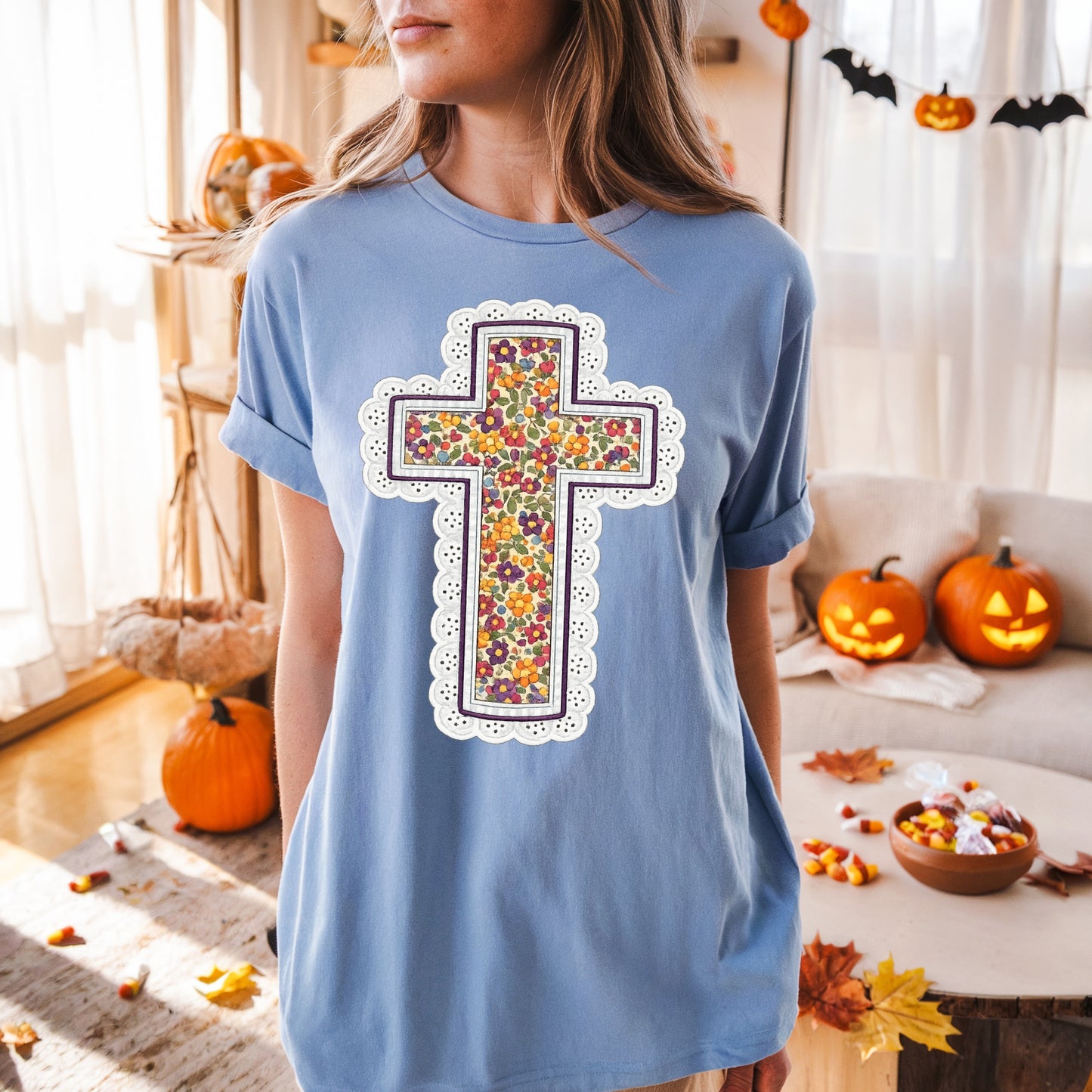 fall floral cross clear film screen print