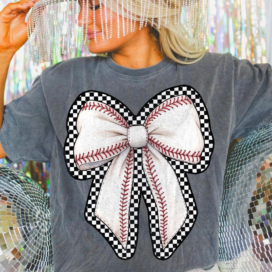 baseball checker bow clear film screen print