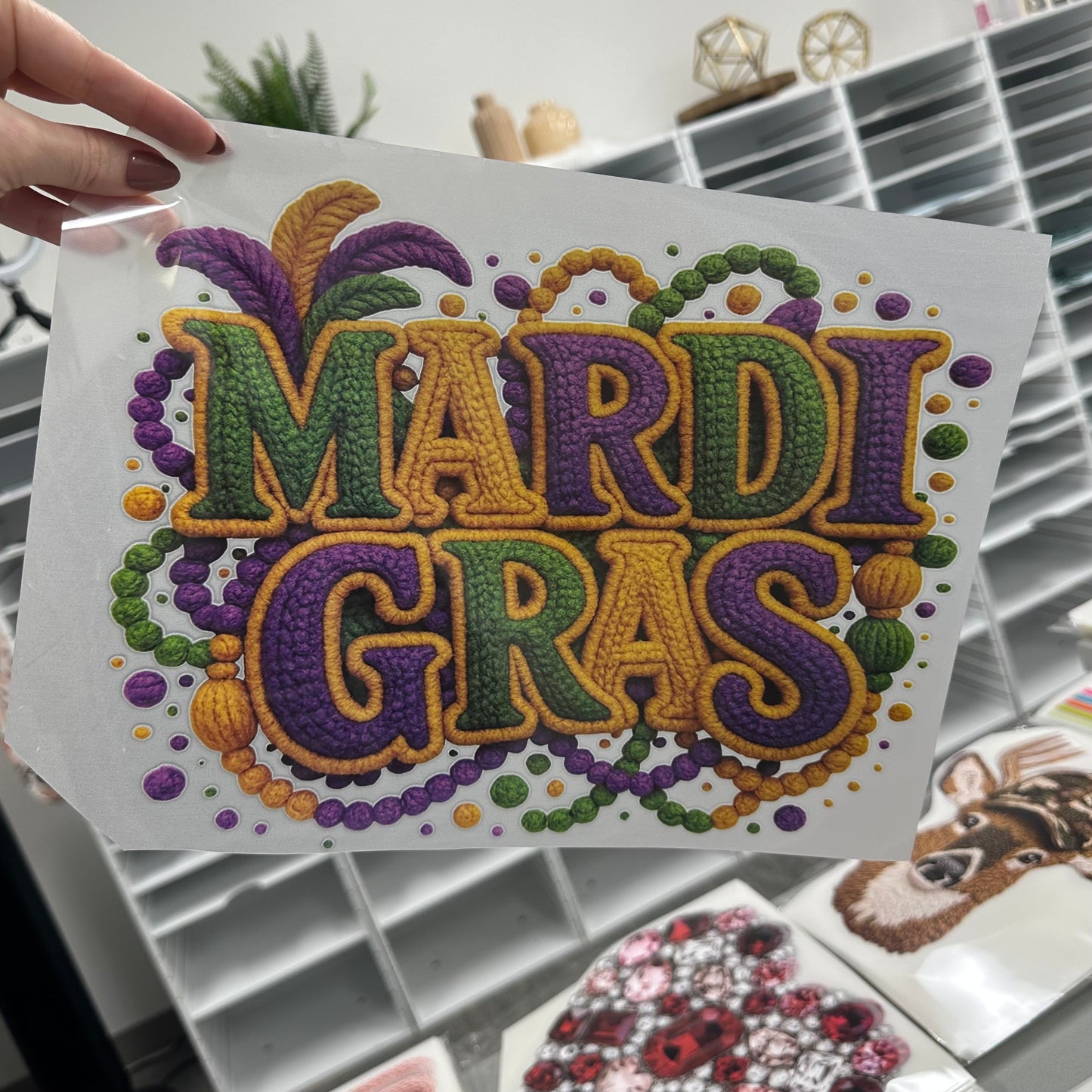 Mardi Gras faux yarn clear film screen print