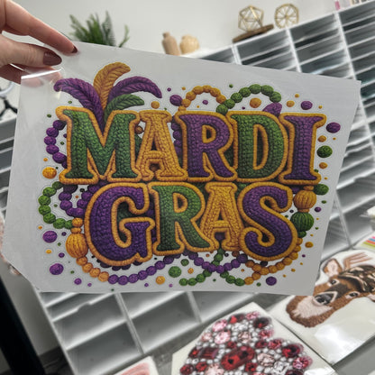 Mardi Gras faux yarn clear film screen print