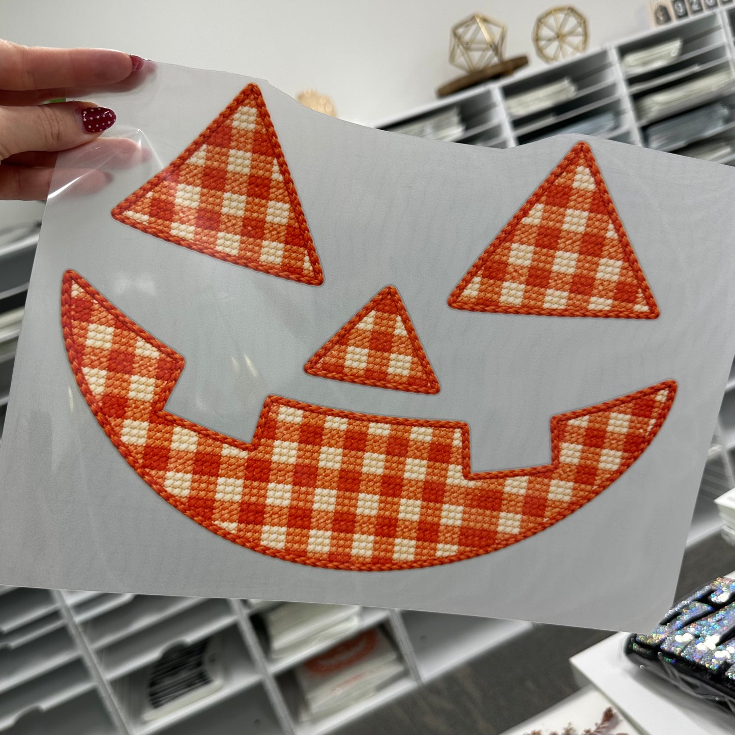 faux stitched pumpkin face clear film screen print