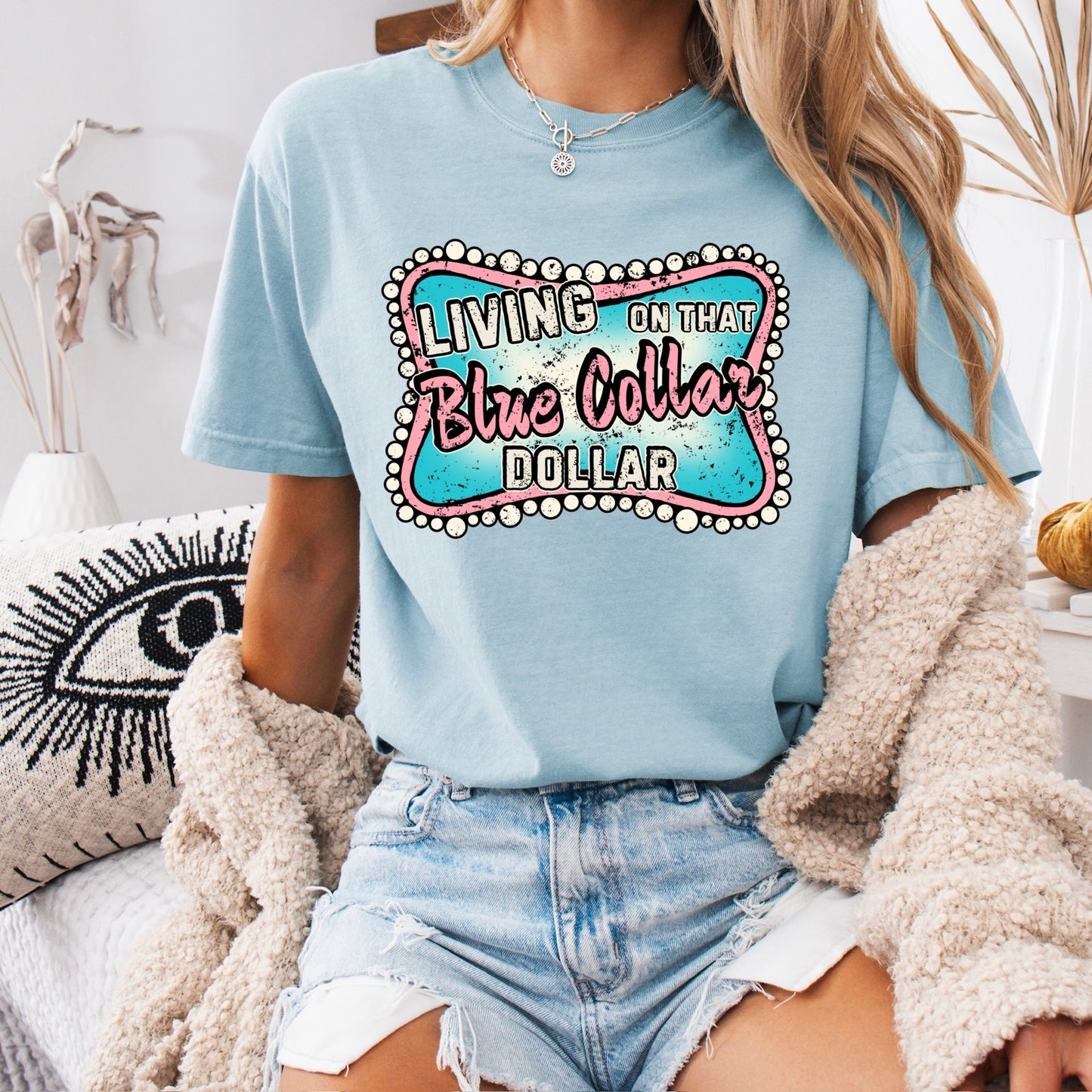 Blue collar dollar clear film screen print