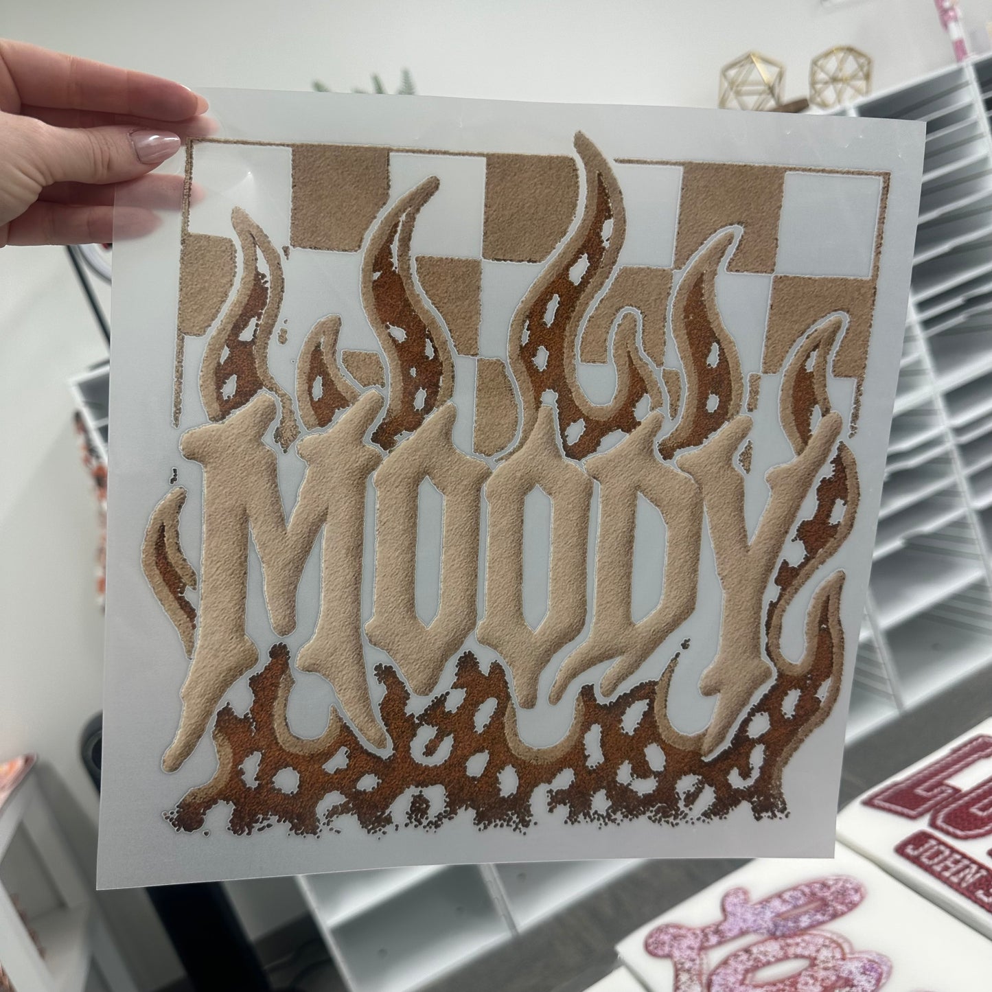 moody faux puff clear film screen print