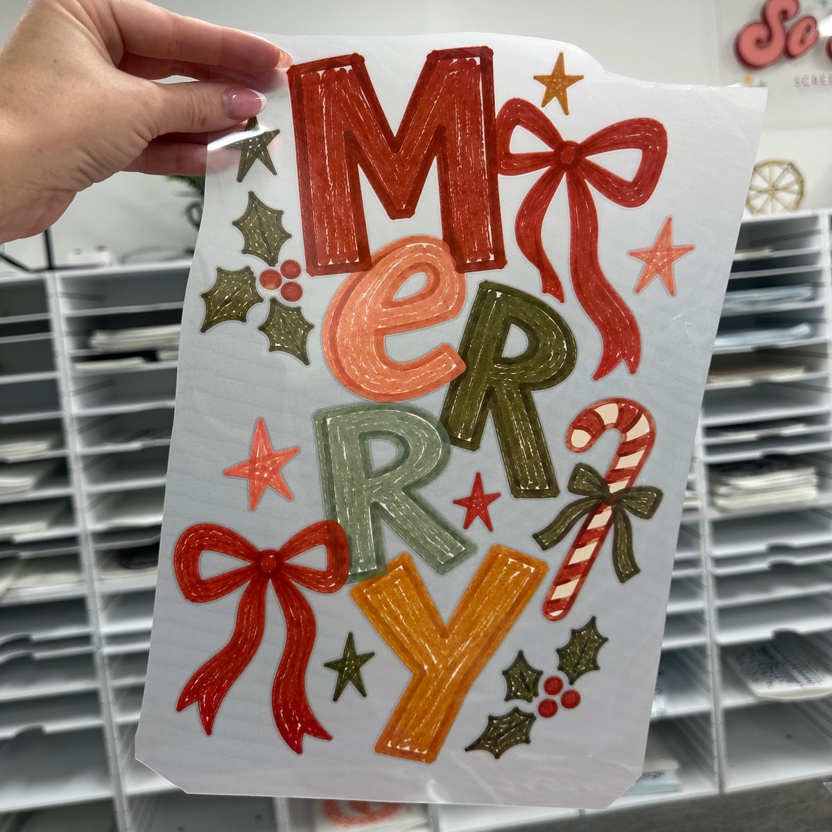 hand drawn Merry clear film screen print