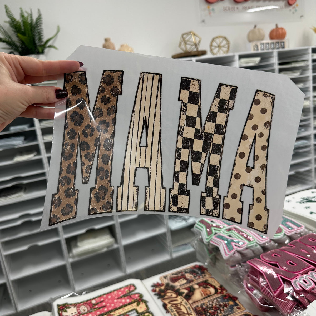 trendy mixed pattern MAMA clear film screen print