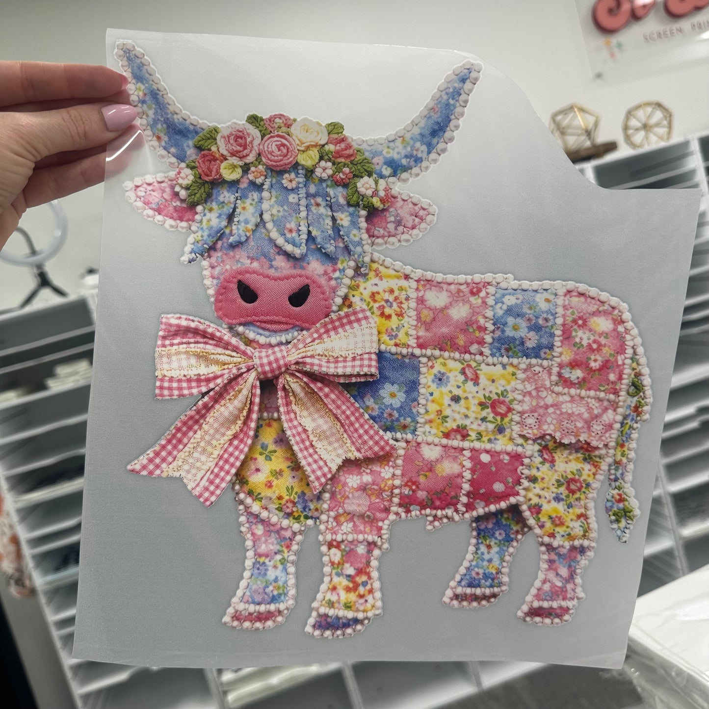 patchwork cow clear film screen print